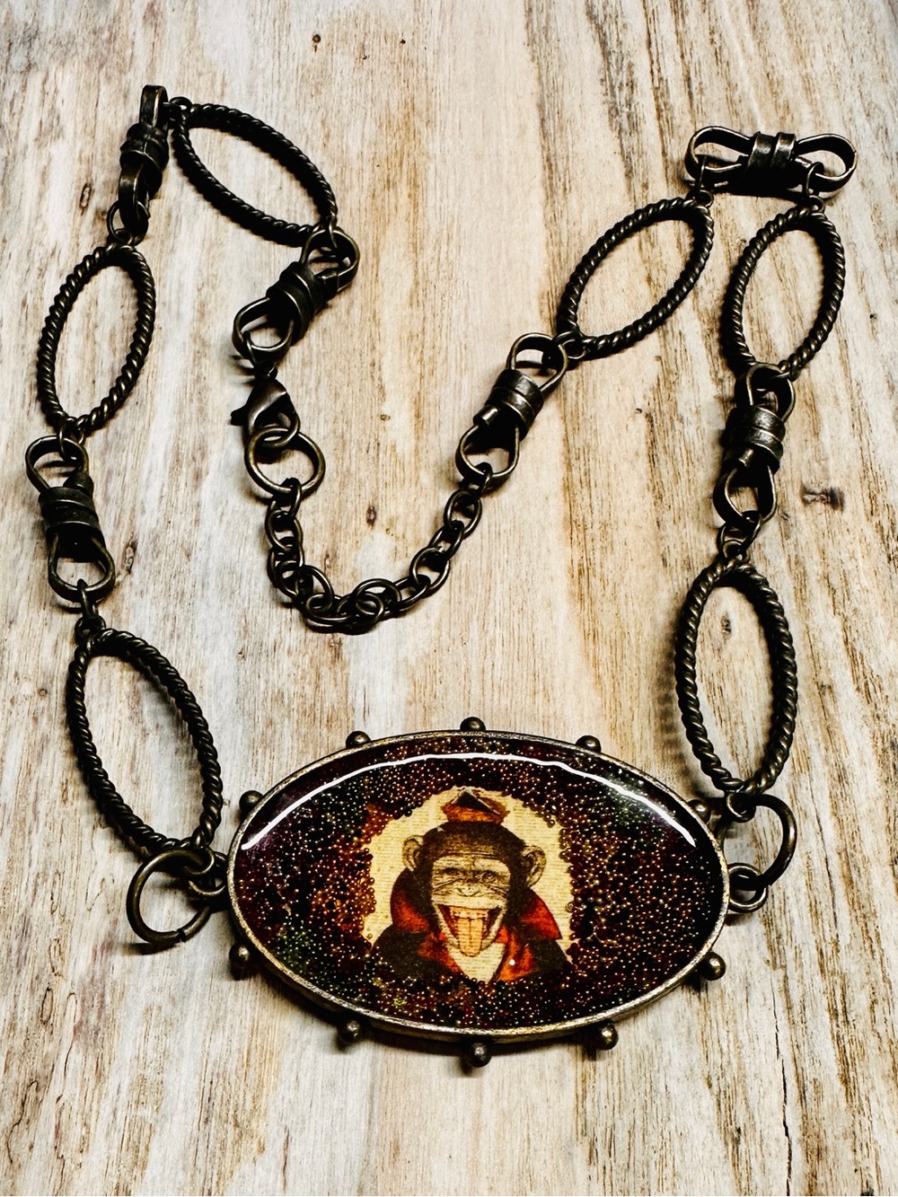 Hand Crafted Antique Bronze “Monkey Around” Pendant Necklace